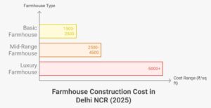 Farmhouse construction cost per sq ft in Delhi NCR for 2025 – basic, mid-range, and luxury options with budget examples.