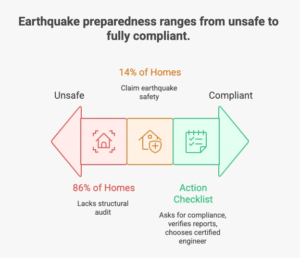 Infographic map of Delhi NCR showing Seismic Zone IV earthquake risk with key stats on building safety and homeowner checklist.