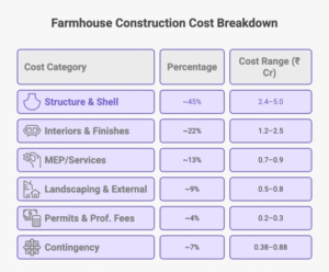 Infographic showing build-cost breakdown, legal must-dos, and hidden cost triggers for farmhouse construction in Delhi-NCR (2025), land cost excluded.