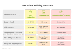 Infographic created by Hindpride for low-carbon builder in Delhi NCR showing five materials—green steel, LC3 cement, geopolymer concrete, AAC blocks, and recycled aggregates—that cut construction carbon in 2025.