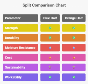 Infographic comparing engineered wood and plywood for strength, durability, moisture resistance, cost, and eco-impact under Delhi NCR climate conditions by Hindpride.