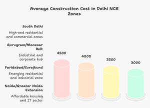 visual selection 41 1 Map infographic of Delhi NCR highlighting average farmhouse construction cost per sq ft for 2025 across major zones.