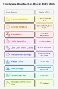 visual selection 60 1 Infographic displaying 2025 Delhi NCR farmhouse construction cost statistics including per sq ft construction rates, land prices, stamp duty, prefab advantages, circle rate hikes, and hidden expenses.