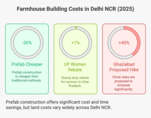 visual selection 61 1 Infographic showing verified statistics of farmhouse construction cost in Delhi 2025 including per sq ft cost, circle rate hikes, stamp duty, hidden costs, prefab savings, and land price ranges.
