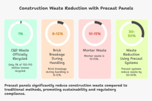 Fact-based infographic showing how precast concrete sandwich panels cut construction waste by 30–50% with clean, sustainable building methods in India.