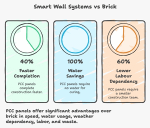 Comparison infographic showing PCC panels in construction India delivering 40 percent faster farmhouse construction in NCR compared to brick, highlighting timelines, water savings, labour efficiency, weather resistance, and material wastage reduction.