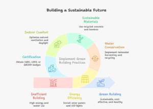 visual selection 2026 01 15T134841.617 1 Illustration showing the anatomy of a green building in India, highlighting energy efficiency, water conservation, sustainable materials, indoor air quality, and green building certifications.