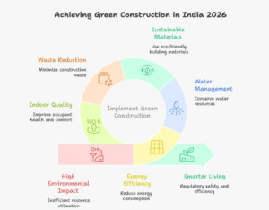 Infographic explaining green construction in India 2026, highlighting Eco-Niwas Samhita policy, sustainability compliance, energy efficiency standards, water conservation, and mandatory green building regulations for residential construction.