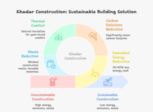 Infographic showing the environmental benefits of khadar eco friendly construction including reduced embodied energy, lower carbon emissions, passive thermal comfort, and minimal construction waste.