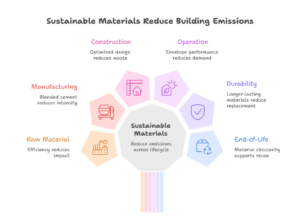 Infographic showing lifecycle stages of sustainable building materials in Noida including raw material extraction, manufacturing, construction, operational energy use, durability, and recycling, highlighting emission reduction opportunities.