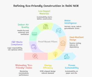 Infographic explaining what defines an eco friendly construction company in Delhi NCR, highlighting energy efficiency, heat-resilient design, water management, low-impact materials, indoor air quality, and construction waste compliance.