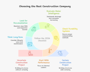 Infographic showing a step-by-step checklist to choose the best construction company in Noida in 2026, focusing on performance, durability, water management, documentation, and long-term value.