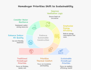 Infographic comparing traditional homebuyer priorities with 2026 sustainable home priorities in NCR, highlighting thermal comfort, energy efficiency, indoor air quality, and water resilience as key factors when choosing the best sustainable construction company in Noida.