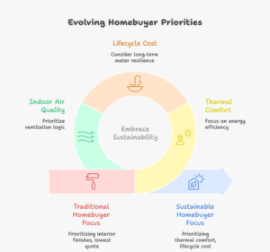 Infographic explaining why buyers prefer an eco-friendly construction builder in Noida in 2026, highlighting energy efficiency, cool roofs, AAC blocks, ventilation planning, low-VOC materials, and reduced electricity consumption.