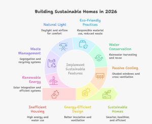 Infographic showing the 7 key features of sustainable homes in 2026 including energy-efficient design, passive cooling architecture, water conservation systems, eco-friendly construction practices, natural ventilation, waste management, and renewable energy readiness.