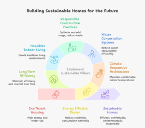 Infographic explaining the six pillars of sustainable homes in 2026 including energy efficiency, climate-responsive architecture, water conservation, responsible construction, healthier indoor living, and long-term efficiency in modern housing.