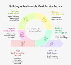 Infographic showing key statistics on sustainable construction including 37 percent global CO2 emissions from buildings, 18 percent emissions from materials, India’s 15 billion square feet green building growth, government policies like ECSBC 2024, and rising demand for eco-friendly real estate and luxury housing.