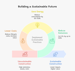 nfographic showing global statistics on sustainable construction including CO2 emissions from buildings, energy consumption, construction waste, and benefits of eco-friendly construction practices in 2026