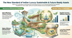 Infographic showing why Sustainable Luxury Homes in India are becoming future-ready assets through energy efficiency, wellness-focused living, and water conservation amid rising urban climate challenges.