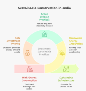 visual selection 2026 05 14T144214.856 1 Infographic showing the rise of sustainable construction in India with statistics on renewable energy growth, green buildings, ESG-focused investments, and eco-friendly infrastructure development.