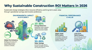 Infographic illustrating the importance of Sustainable Construction ROI in 2026, highlighting that buildings account for 37% of global energy-related CO₂ emissions, potential energy savings of 20–30%, water savings of 30–50%, improved asset performance, and long-term value creation through sustainable building practices.