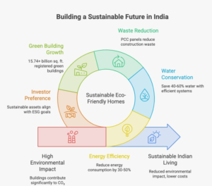 The Future of Sustainable Eco Friendly Homes in India visual selection 1 Infographic showing key statistics about sustainable eco-friendly homes, carbon reduction, energy efficiency, water conservation, PCC panels, and India's growing green building sector.